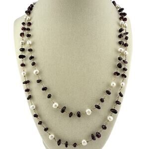 Genuine Freshwater Pearls Tumbled Garnet Beads Handmade Gold Tone 43” Necklace